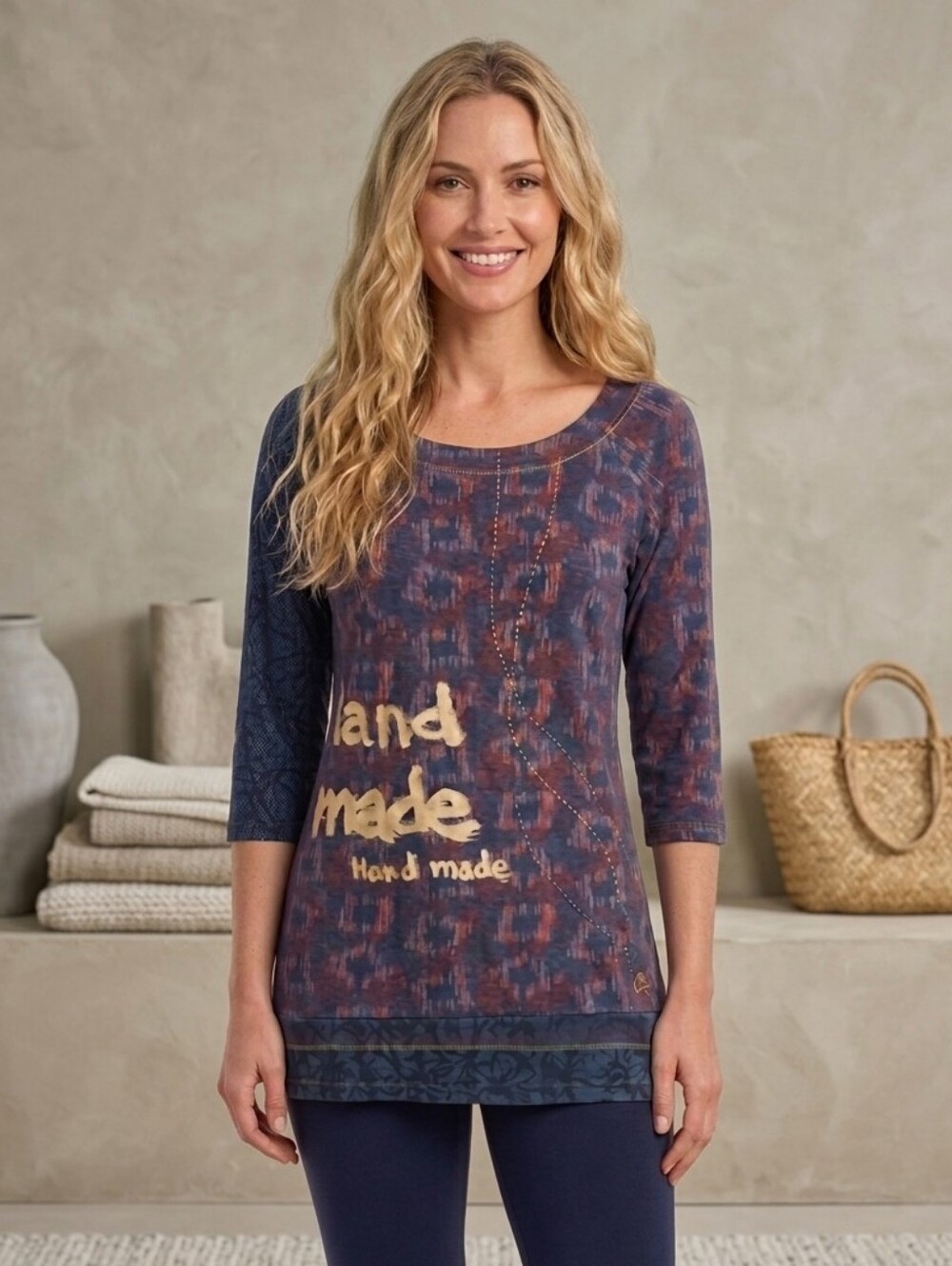 Women's Desigual Scoop Neck Blue Boho Artisanal Cotton Tunic Top Large